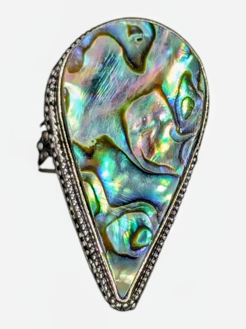 Abalone Shell Teardrop Statement Ring - Iridescent Green & Blue Size 9